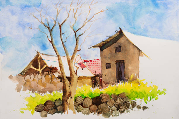 istock Old homes and an old, leafless tree. Hand painted watercolor art created with watercolor paint and brushes. 2179311885