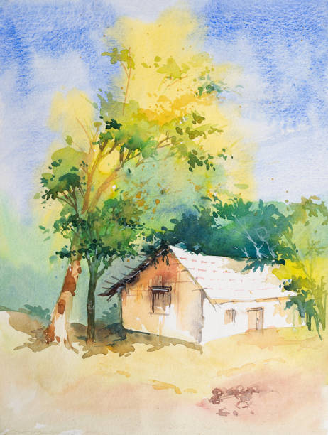 istock Nice scenery of village home and a tree with yellow and green foliage. Hand painted watercolor art created with watercolor paint and brushes. Indian village landscape. 2179313675