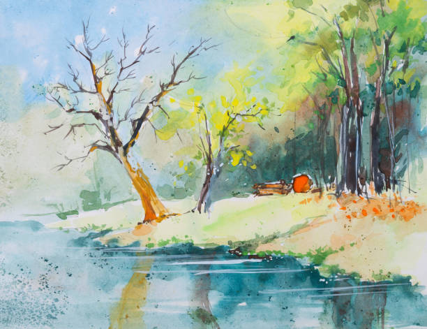 istock Beautiful scenery of a park with blue sky and trees reflection on water. Yellow and green trees in the background. Hand painted watercolor art created with watercolor paint and brushes. 2179315517