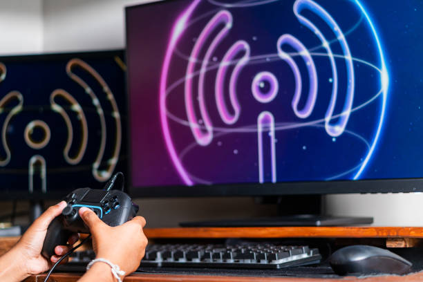 istock Gaming with Wireless Controller and Neon Wu-F Symbol 2179320359