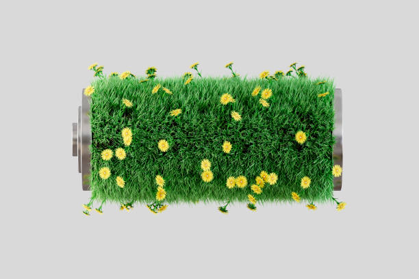 istock Sustainable energy concept with grass covered battery, renewable energy source 2179325992