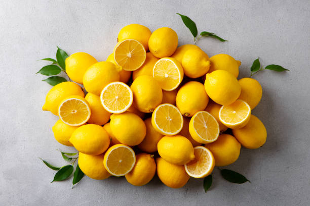 istock Group of lemons. Grey background. Top view. 2179326381