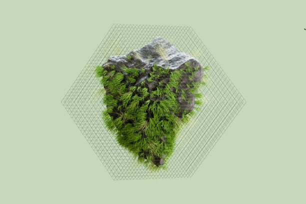 Grass covered rock in cage, sustainability and green technology concept. Digitally generated image. 3d render.
