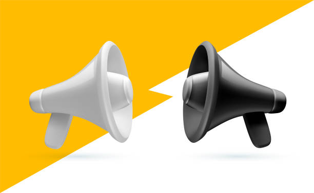 istock Vector illustration of shine black and white megaphone with shadow on color background. Communication loudspeaker. 3d style design of announcement bullhorn and speaker for social media 2179344220