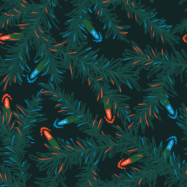Christmas seamless pattern of fir tree branches and lights. Vector vintage background. Hand drawn illustration for holiday print, fabric, wrapping paper, poster.