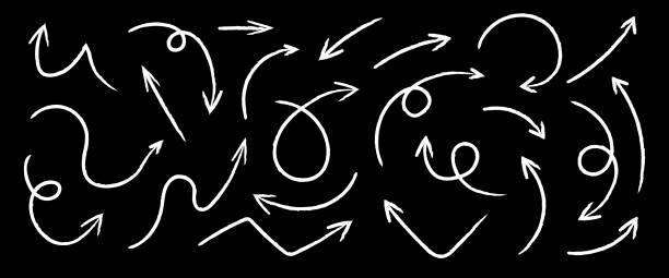 Line arrows on dark background. Arrow, cursor icon. Vector pointers collection. Back, next web page sign. Graphic design elements for business plan and education. Line arrows on dark background. Arrow, cursor icon. Vector pointers collection. Back, next web page sign. Graphic design elements for business plan and education. arrowslit stock illustrations