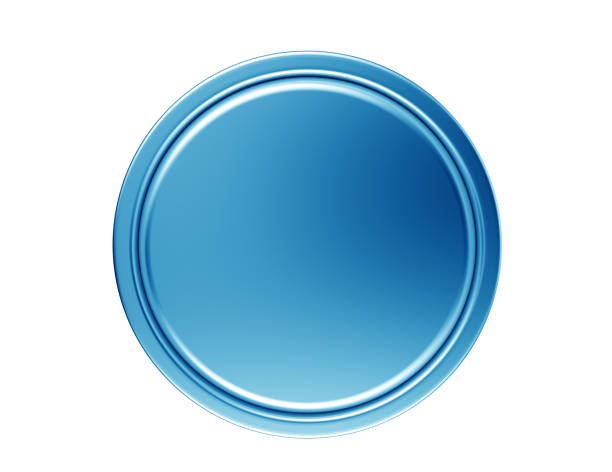 Circular light Blue metal disk on white background stock photo