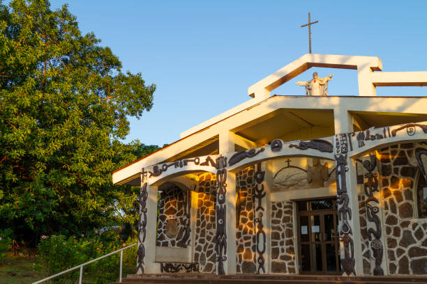 A general landscape view of a catholic church in Hanga Roa downtown, Rapa Nui, Easter Island, Polynesia, Chile