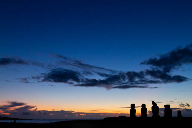 A real beautiful night sky landscape over Ahu Tahai archeological complex with milky Way in the background in Easter Island, Rapa Nui, Polynesia, Chile, Latin America.
