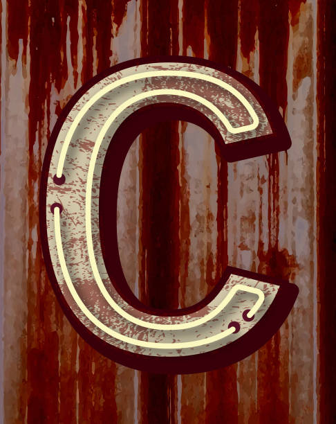 istock Retro old fashioned worn and rusty metal Neon Sign Letter C font design alphabet 2179396648