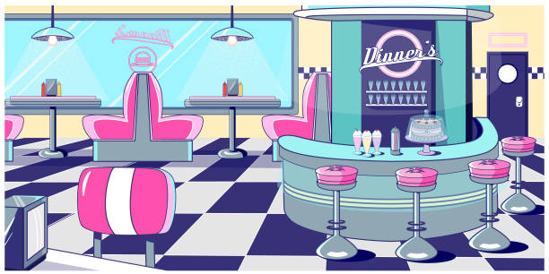 istock Vector background of a coffee shop in the fifties style. This vector background contains dishes, tables and floors that reminds that style. A good option for animation 2d 2179402246
