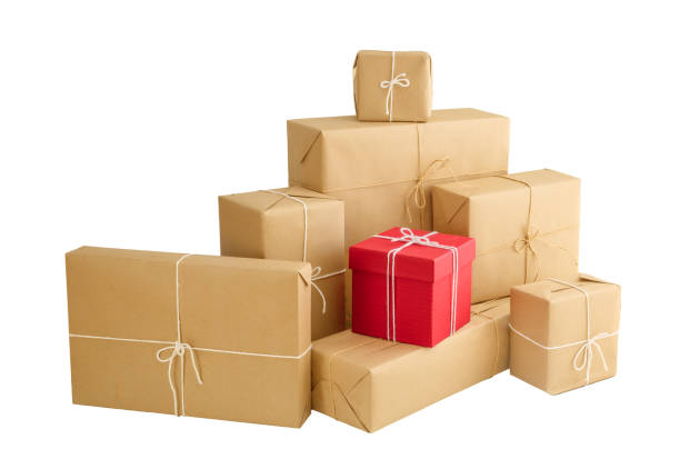 istock Stylish Wrapped and stacked Gift Boxes on white background 2179403341