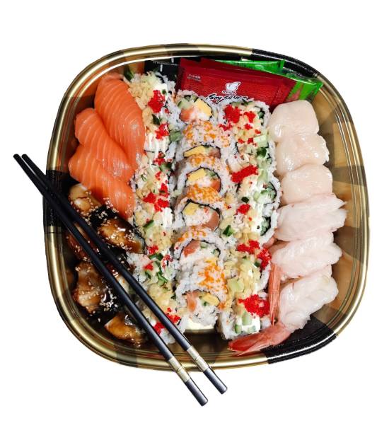 istock Vibrant sushi with appetizing toppings set on a colorful plate with chopsticks 2179409167