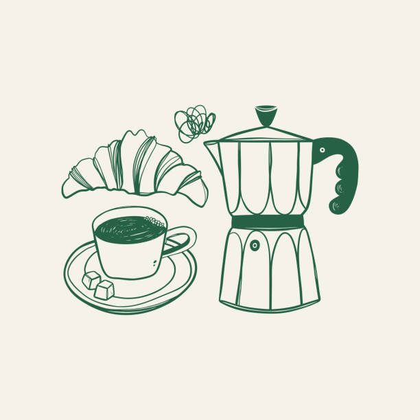 Hand drawn coffee, mug and croissant. Sketch line art style. Vector illustration