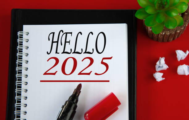istock HELLO 2025 - word in white notebook on red background 2179431258