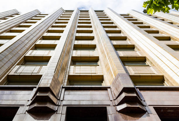 Low angle view of old office building, Sydney Australia, background with copy space, full frame horizontal composition