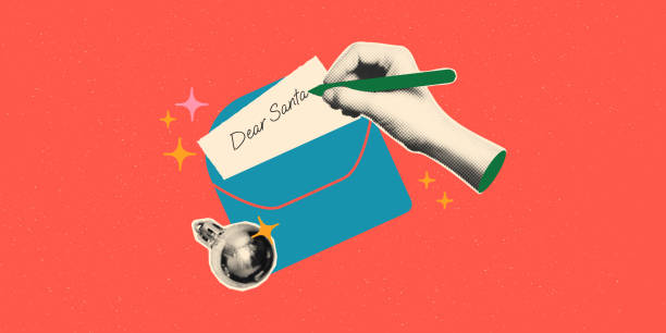 Christmas card halftone art collage vector illustration Christmas card halftone art collage with cut out hand writing a letter to Santa, isolated on a red vintage dotted textured background. Modern retro mixed media vector illustration weird spot stock illustrations