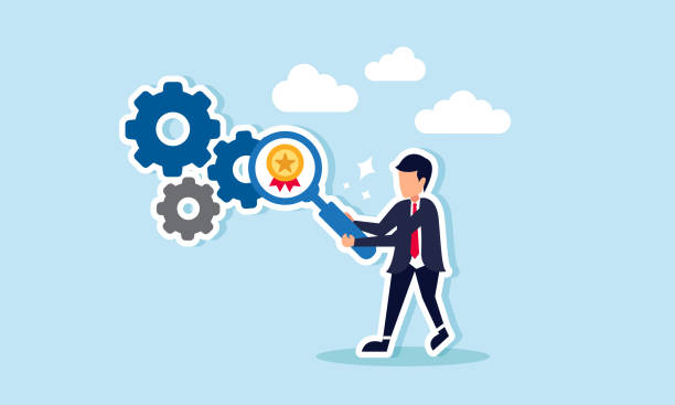 istock A businessman examines machine gears with a magnifying glass labeled with an award medal, illustrating the monitoring and evaluation of business performance as a leader. 2179482108