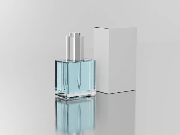 istock 30 ml dropper bottle and paper box mockup, empty labeled square skincare bottle and box packaging, aluminum push-button pipette dropper bottle mockup, pump bottle, perfume container 2179484764