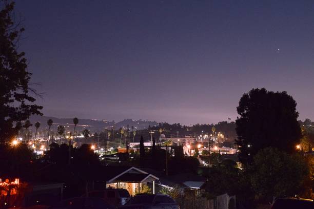 Aerial photograph of low-rise housing in Santa Clarita, CA. Shot at night.