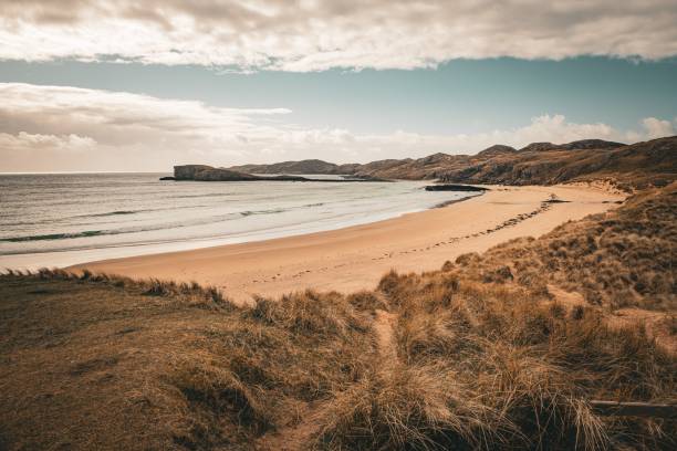 istock Serene coastal landscape with sandy beach and rolling hills under a partly cloudy sky 2179491044