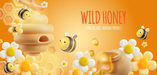 istock 3d vector poster with floral honey and a swarm of bees on a yellow background. 2179492167
