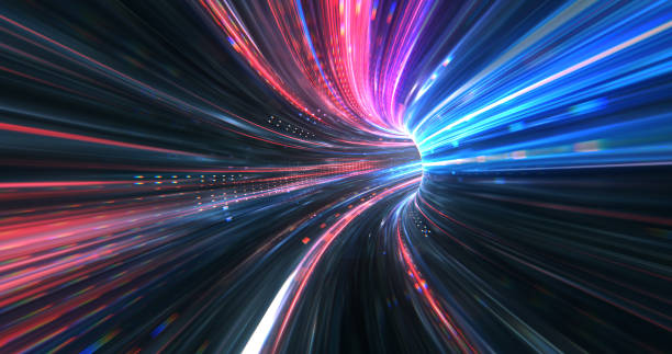 abstract neon lights sci-fi futuristic hi tech virtual reality tunnel. futuristic motion graphic. ultra violet neon light glow. 3d rendering - túnel imagens e fotografias de stock