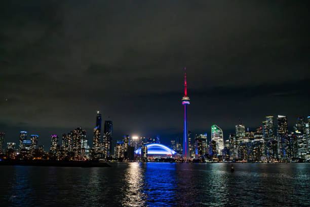 Skyline of Toronto over Ontario Lake after sunset