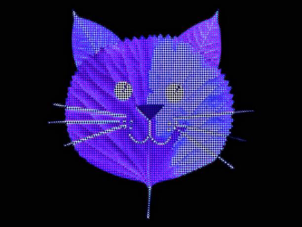 The Black background in the image is an illustration of a purple cat decorated with leaves. It is an illustration used in various artworks. The colors are beautiful.