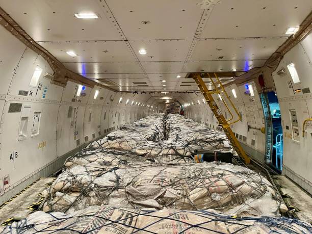 istock Cargo aircraft loaded with goods, ready for transportation on a clear day 2179495074