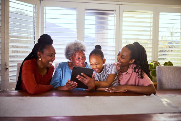 istock Front view of multi-generation family happily using digital tablet at home 2179497343