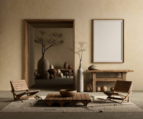 istock Mock up poster frame in boho style decorated livinig room. Modern, authentic Interior design of living room with wooden furnitures. 3D illustration 2179501907