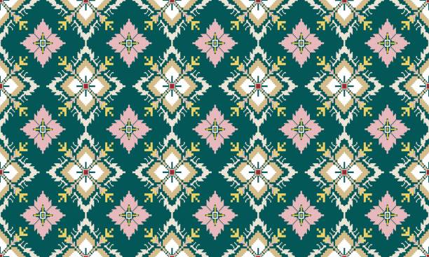 A complex, traditional textile pattern with intricate details. Predominantly green, pink, yellow, and white, the colors create a visually striking composition.