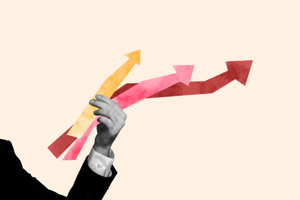istock Creative poster collage hand body fragment hold arrows statistics progress achieve goal stocks investor economy drawing background 2179506678