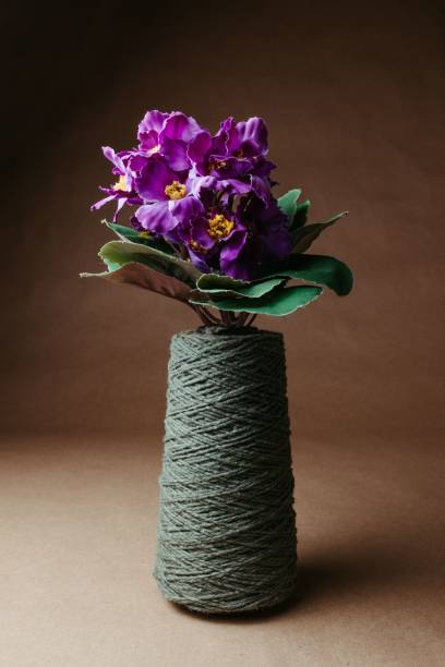 A rustic vase wrapped in twine with vibrant purple flowers against a brown background.