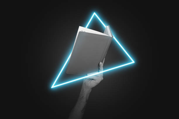 istock Trend artwork sketch collage of dark background neon light lamp triangle shape hand hold open book student read education study knowledge 2179506943
