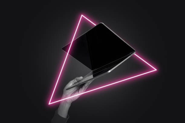 istock Trend artwork sketch collage of dark background neon light lamp triangle shape hand hold laptop open display remote work digital ditance 2179506957