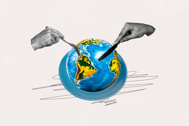 Composite photo collage of hands hold fork knife planet hunger destroy environment plate damage starvation isolated on painted background