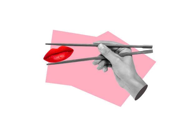 istock Composite trend artwork sketch image photo collage of copyspace hand arm hold japanese sticks keep between red color makeup pomade lips 2179507178