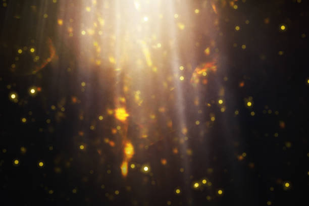 A mesmerizing display of golden light particles gently floating in a dark background. The scene is illuminated by soft rays of light, creating a warm and ethereal atmosphere.