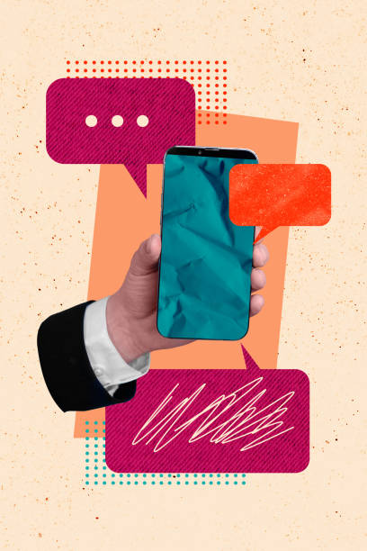 istock Vertical composite collage artwork image picture of arm hold smart phone dialogue bubble screen isolated on creative background 2179511110
