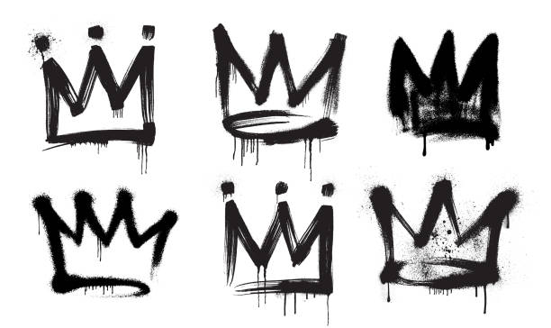 ilustrații de stoc cu set mare de semn realist de coroană graffiti vopsit cu spray în negru peste alb. colecția de simboluri de picurare a coroanei. pensula desenata grunge asp. coroană îndrăzneață vector grunge cu textură spray. stilul de artă stradală. - graffiti