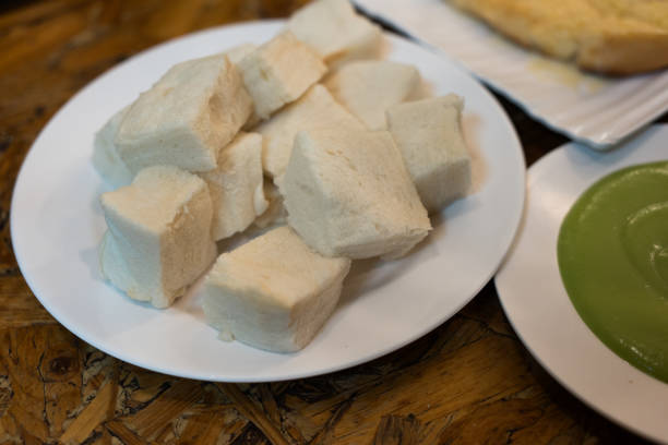 Steamed toast with pandanus custard. Close up