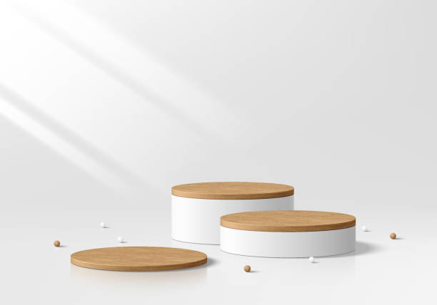 istock 3D round white podium background with wooden topper. Abstract geometric composition in minimalist design. 3d Studio display showroom stands product pedestal, Fashion stage showcase mockup wall scene. 2179517192