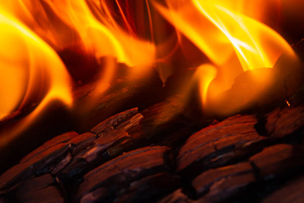 Orange flames rise above the burning coals in the dark. The coals burned and cracked. Close-up.