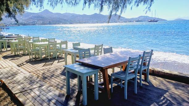 istock seascape beach coastline, empty tables at the seaside restaurant 2179517918