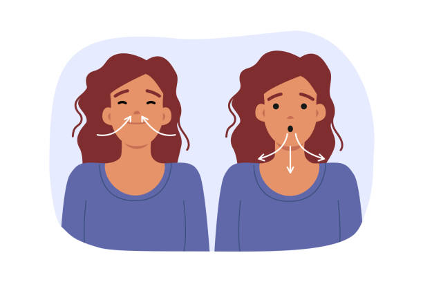 Woman breathing deeply demonstrates inhaling through nose and exhaling through mouth Woman breathing deeply demonstrates how to relieve stress by inhaling through nose and exhaling through mouth. Positive lady is trying to restore mental state using breathing exercises breath vapor stock illustrations