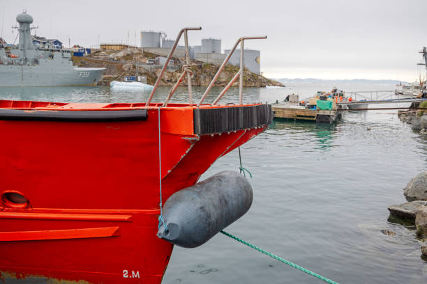 Ilulissat, Jakobshavn, Greenland, Denmark - August 28th 2024:   Bow of a transport boat used for both tourists sightseeing and local peoples transport in the arctic fjords on the western coast of Greenland