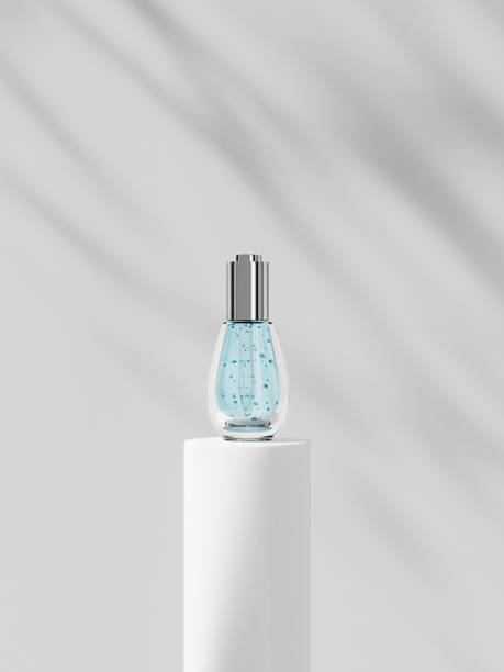 istock Water drop shape serum bottle on podium mockup, aluminum push button dropper cap and cylindrical glass bottle mockup, 30 ml liquid cosmetic packaging standing on beautiful shadow overlay background 2179535784