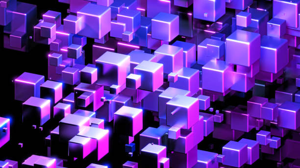 istock Abstract technology background with 3D cubes in space, purple blue neon glowing cubes on black. 2179541256